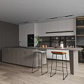 Modern Restaurant Kitchen With Open Concept Island Bar Stools Wooden Floors And Wine Cabinets