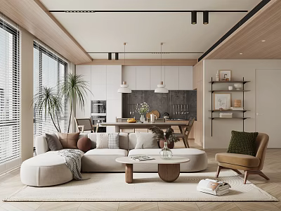 Modern Open Living and Dining Room with Wooden Elements Sofa and Plants 3d model