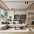 Modern Open Living and Dining Room with Wooden Elements Sofa and Plants