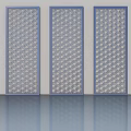 Three Decorative Patterned Hinged Doors With Blue Frames On Reflective Floor 3d model