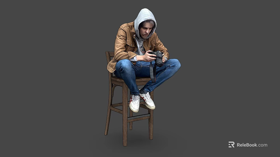 A Man Sitting On Wooden Chair Holding Camera Wearing Brown Jacket Gray Hoodie Blue Jeans 3d model 