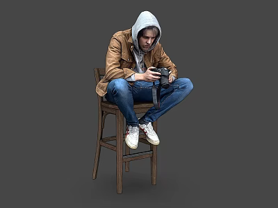 A Man Sitting On Wooden Chair Holding Camera Wearing Brown Jacket Gray Hoodie Blue Jeans 3d model