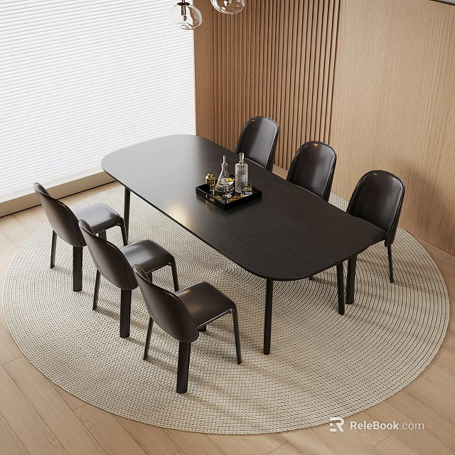 Modern Black Dining Table Set With Six Chairs On Round Rug And Wooden Wall Blinds 3d model 