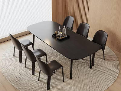 Modern Black Dining Table Set With Six Chairs On Round Rug And Wooden Wall Blinds 3d model