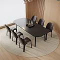 Modern Black Dining Table Set With Six Chairs On Round Rug And Wooden Wall Blinds