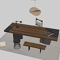 Modern Wooden Desk With Black Lamp Book Bench And Hanging Pendant Light On Gray Rug