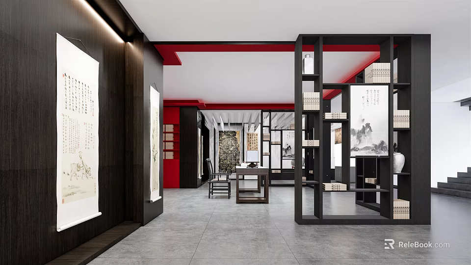 Cultural Center Interior Featuring Calligraphy Works Ink Paintings and Chinese Style Display Shelves 3d model 