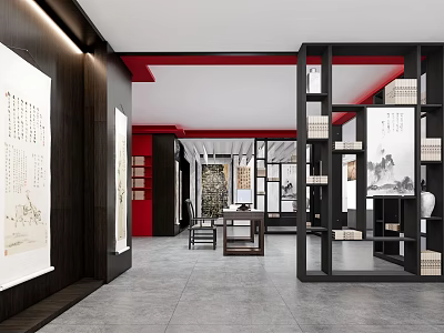 Cultural Center Interior Featuring Calligraphy Works Ink Paintings and Chinese Style Display Shelves 3d model