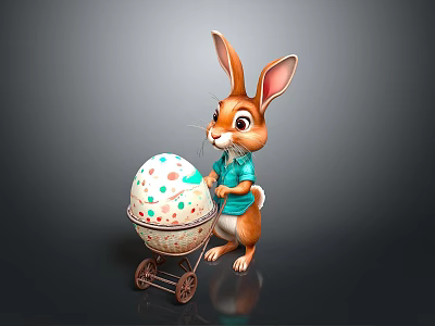 Cartoon Rabbit In Blue Shirt Pushing Colorful Spotted Easter Egg Trolley 3d model