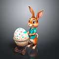 Cartoon Rabbit In Blue Shirt Pushing Colorful Spotted Easter Egg Trolley