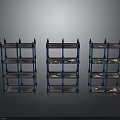 Three Blue Multi Tiered Metal Storage Shelving Units For Organizational Use