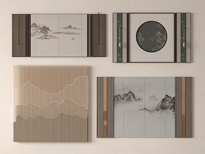 Chinese Style Background Wall with Landscape Painting Circular Pattern Linear Texture and Wooden Gray Tones 3d model