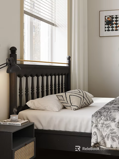 Double Bed with Black Wooden Headboard White Pillows Geometric Cushion Bedside Table Lamp Window Curtains 3d model 