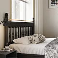 Double Bed with Black Wooden Headboard White Pillows Geometric Cushion Bedside Table Lamp Window Curtains