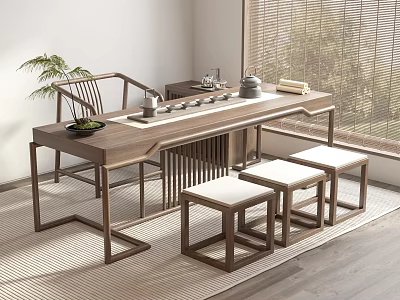 Modern Wooden Tea Table and Chairs with Tea Set Potted Plant and Window Blinds 3d model