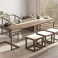 Modern Wooden Tea Table and Chairs with Tea Set Potted Plant and Window Blinds