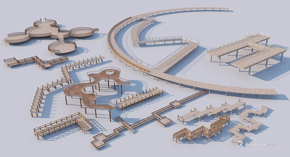 Wooden Curved Bridge Design With Interconnected Landscape Platforms And Walkways 3d model