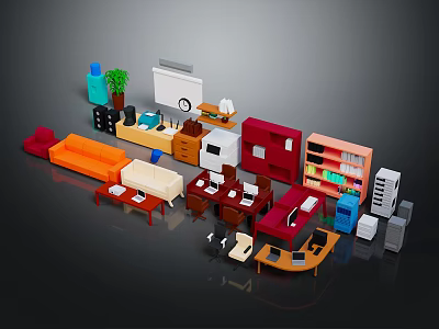 Colorful Modern Furniture Collection Featuring Sofa Bookshelf Desk Cabinet And Coffee Table 3d model