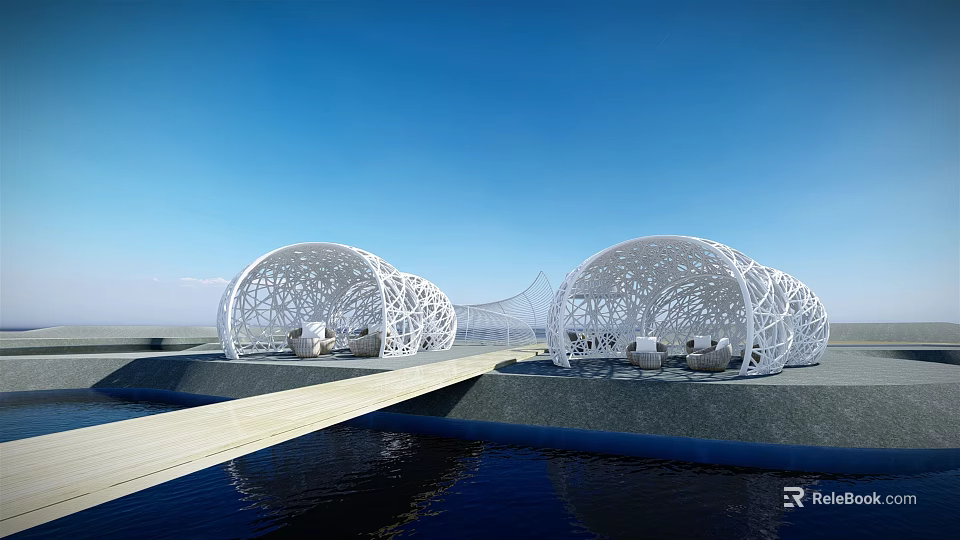 White Hollow Structured Pergolas by Waterfront With Wooden Walkway And Seating Area Under Blue Sky 3d model 