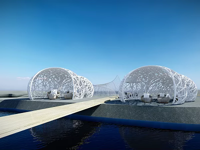 White Hollow Structured Pergolas by Waterfront With Wooden Walkway And Seating Area Under Blue Sky 3d model