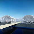 White Hollow Structured Pergolas by Waterfront With Wooden Walkway And Seating Area Under Blue Sky