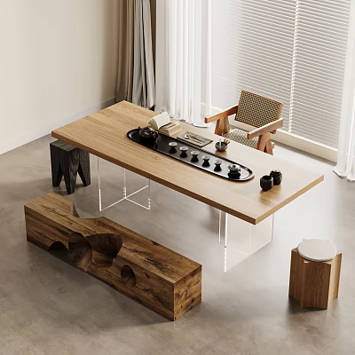 Wooden Tea Table And Chairs Set With Modern Design And Decorative Stools 3d model