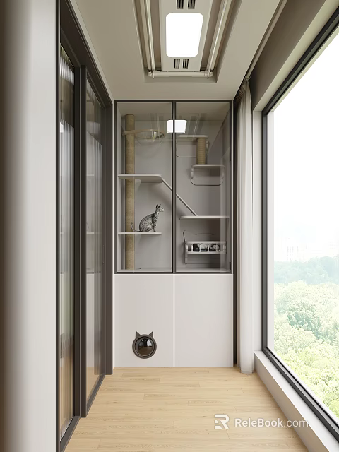 Home Balcony Design with Cat Tree Shelves and Cat Decorations Near Glass Door 3d model 