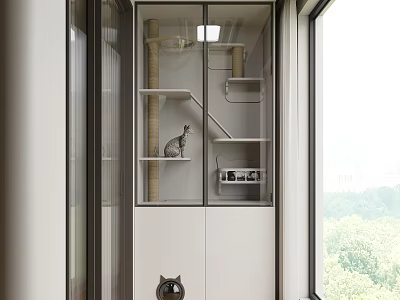 Home Balcony Design with Cat Tree Shelves and Cat Decorations Near Glass Door 3d model
