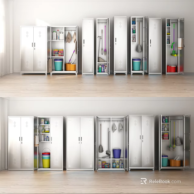 Organized Storage Cabinets With Cleaning Tools And Colorful Buckets In Interior Setup 3d model 