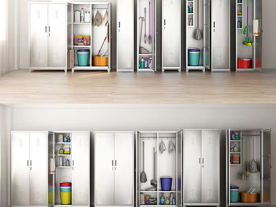 Organized Storage Cabinets With Cleaning Tools And Colorful Buckets In Interior Setup 3d model
