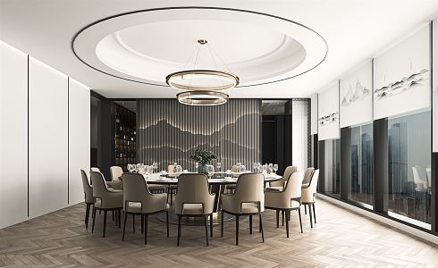 New Chinese Style Room Catering Box Hotel Catering Room Restaurant Large Room Art Chandelier Round Table and Chair 3d model