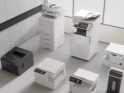 Office Appliances Multifunction Printers Copiers And Laser Printers Neatly Arranged In Modern Office Space 3d model