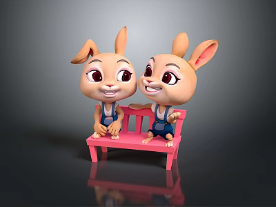 Cute Cartoon Rabbits Sitting On Pink Bench Wearing Blue Overalls With Adorable Expressions 3d model