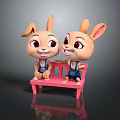 Cute Cartoon Rabbits Sitting On Pink Bench Wearing Blue Overalls With Adorable Expressions