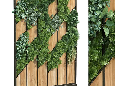 Living Plant Wall Design With Wooden Panel Background And Lush Green Foliage 3d model