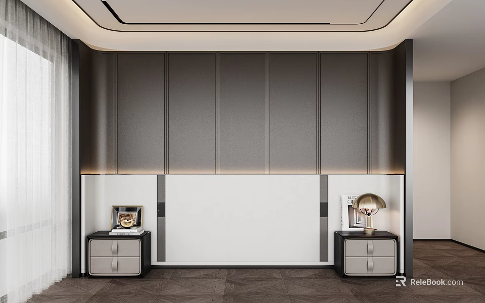 Modern Background Wall Design With Gray White Panel Nightstands And Ambient Lighting 3d model