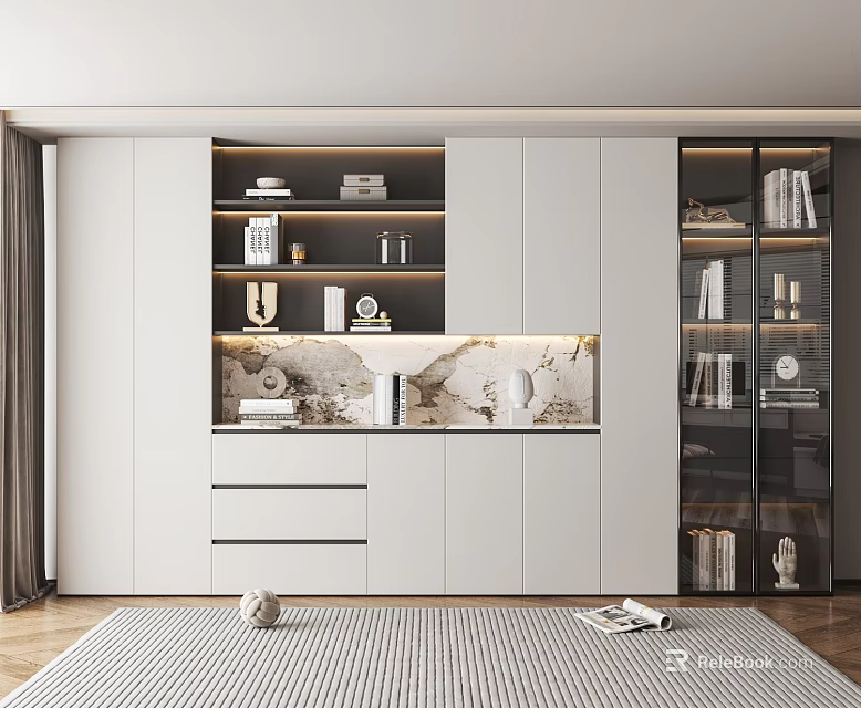 Modern White Bookshelf Interior Design With Glass Doors Decorative Items And Storage Cabinets 3d model 