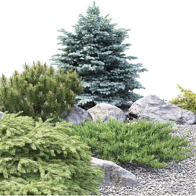 Lush Garden Landscaping With Blue Spruce Green Plants Rocks And Gravel 3d model