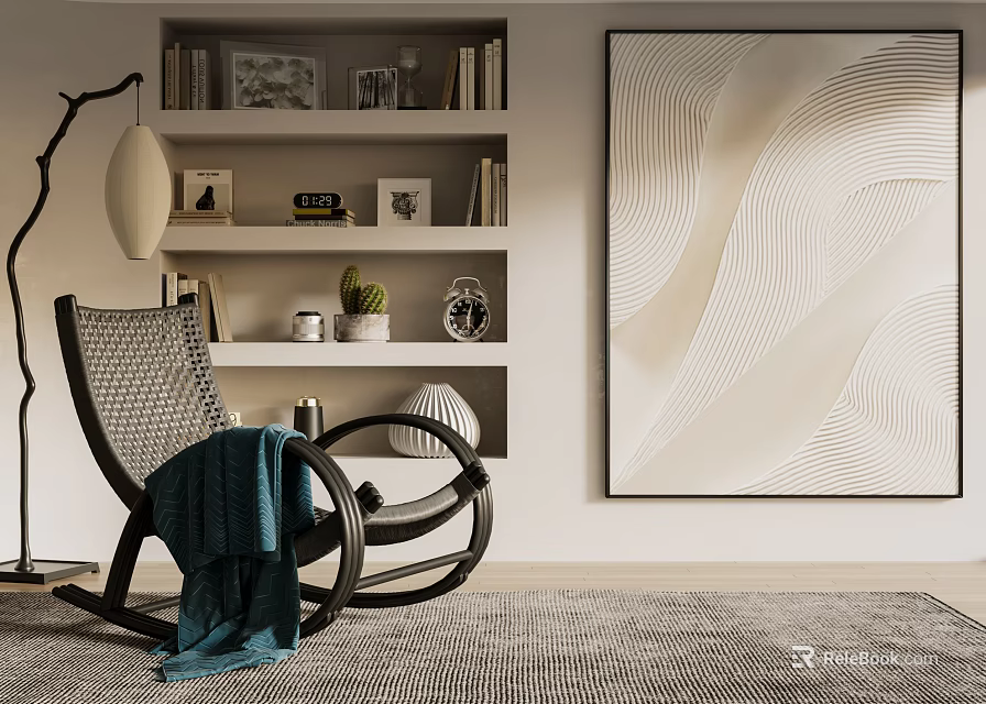 Cozy Rocking Chair with Bookshelf Decorations Potted Plant Abstract Wall Painting and Soft Gray Rug 3d model 
