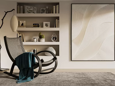 Cozy Rocking Chair with Bookshelf Decorations Potted Plant Abstract Wall Painting and Soft Gray Rug 3d model