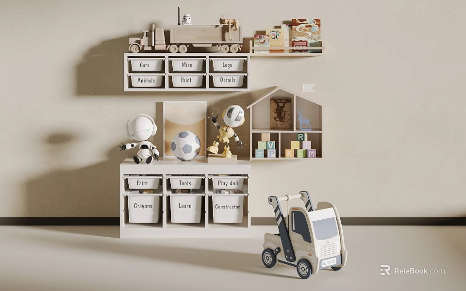 Children's Bookshelf with Labeled Compartments Astronaut Figures Soccer Ball and Truck Toy 3d model 