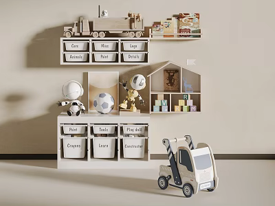 Children's Bookshelf with Labeled Compartments Astronaut Figures Soccer Ball and Truck Toy 3d model