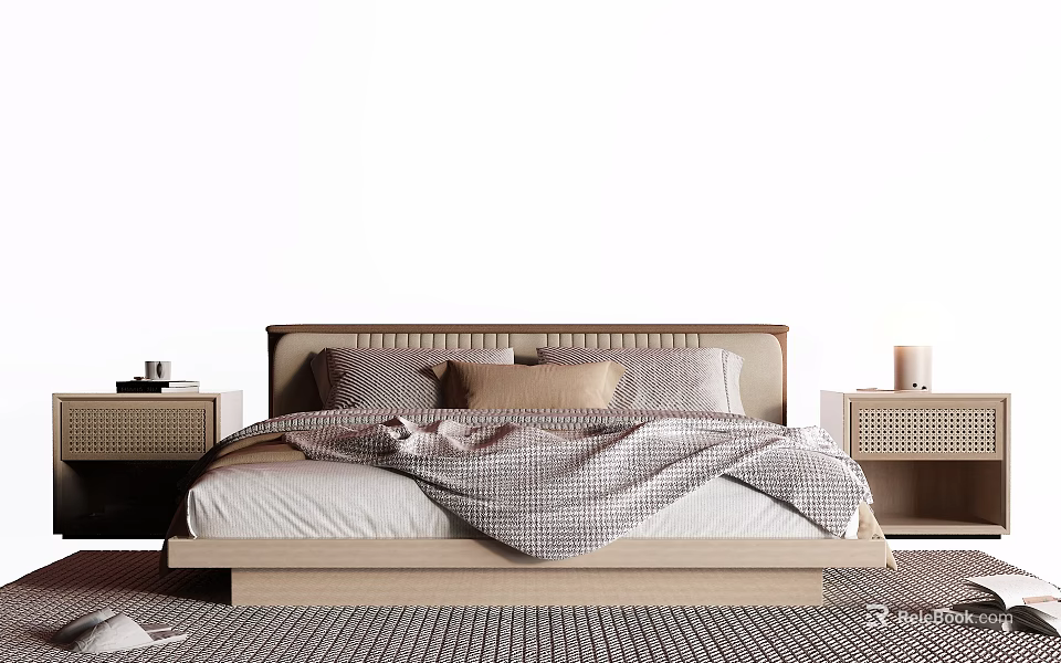 Stylish Double Bed with Soft Blanket Pillows and Wooden Nightstands on Rug 3d model 