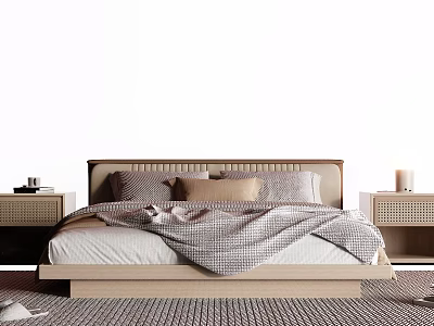 Stylish Double Bed with Soft Blanket Pillows and Wooden Nightstands on Rug 3d model