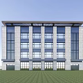 Modern Office Building With Glass Curtain Wall Stone Facade Green Lawn And Blue Sky