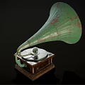 Vintage Gramophone With Colorful Decorative Horn And Wooden Carved Base Design