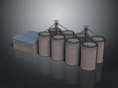 Concrete Industrial Silos With Blue Roof Building And Storage Structures 3d model