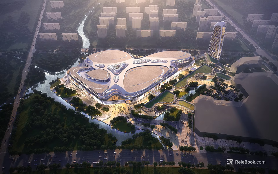Aerial View Planning of Modern Urban Complex with River Greenery and Unique Roof Design 3d model 