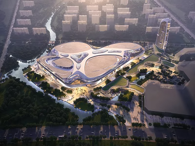 Aerial View Planning of Modern Urban Complex with River Greenery and Unique Roof Design 3d model