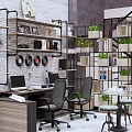 Industrial Office Interior Design With Bookshelves Green Plants Desk Chairs And Staircase